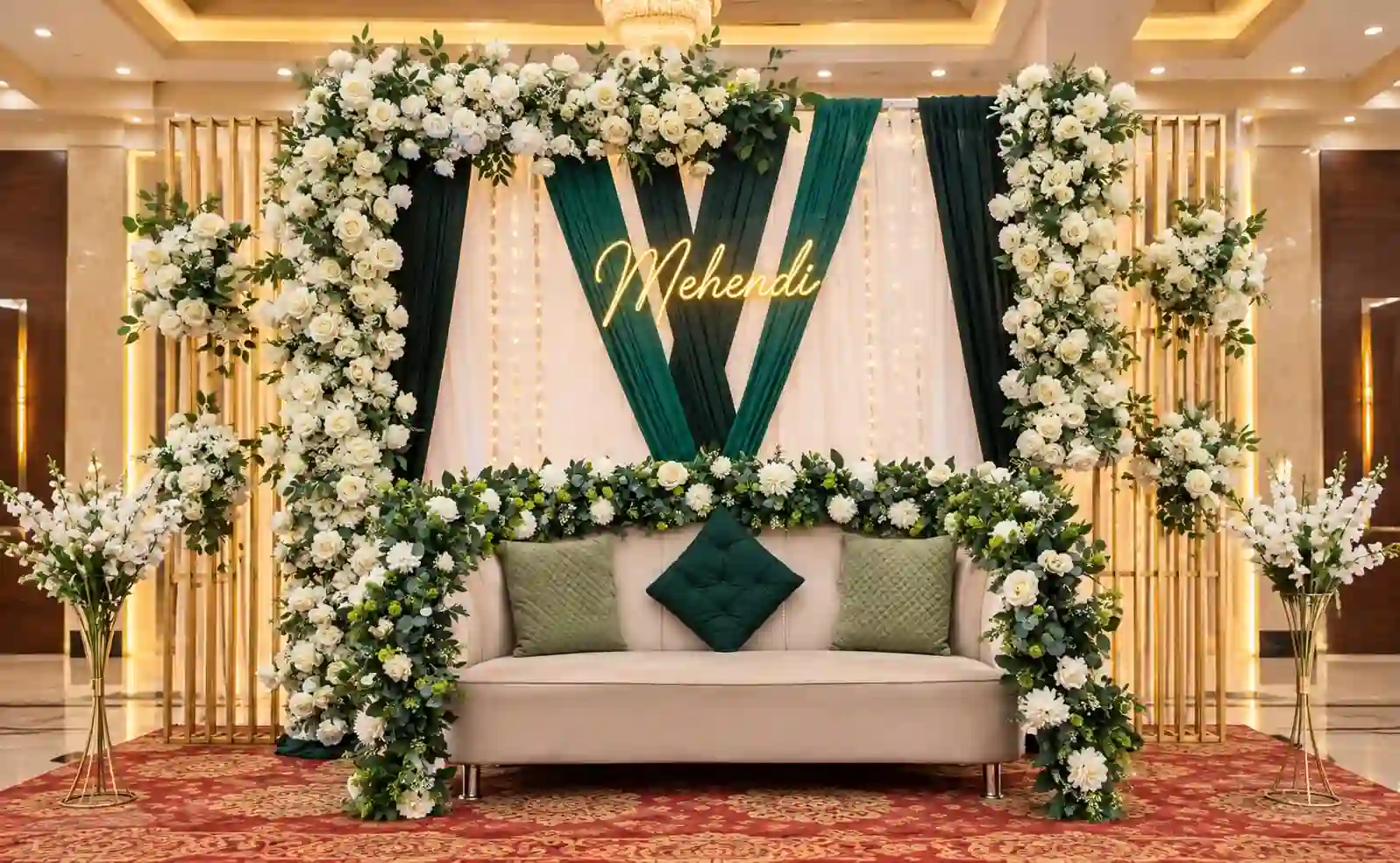 balloon decoration Classic White Rose And Emerald Mehendi Drapes Decor